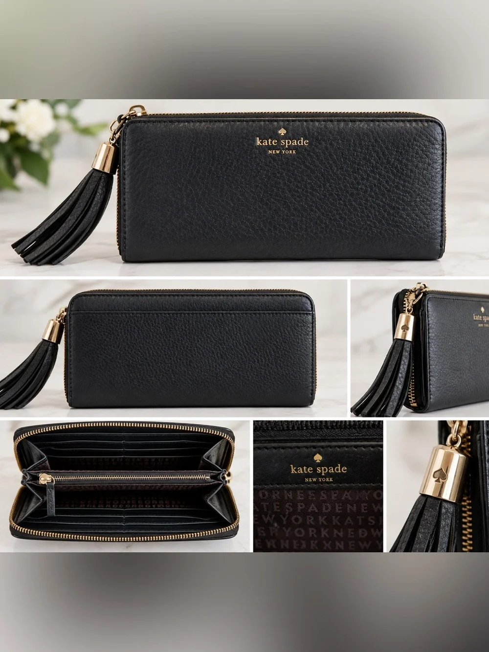 Kate Spade New York Black Leather Zip Around Wristlet Wallet Gold Tassel